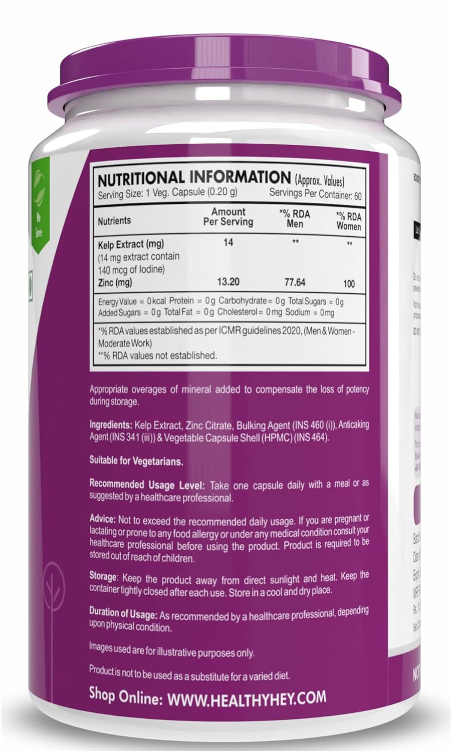 HealthyHey Nutrition Kelp Extract with Zinc Citrate - 60 Vegetable Capsules
