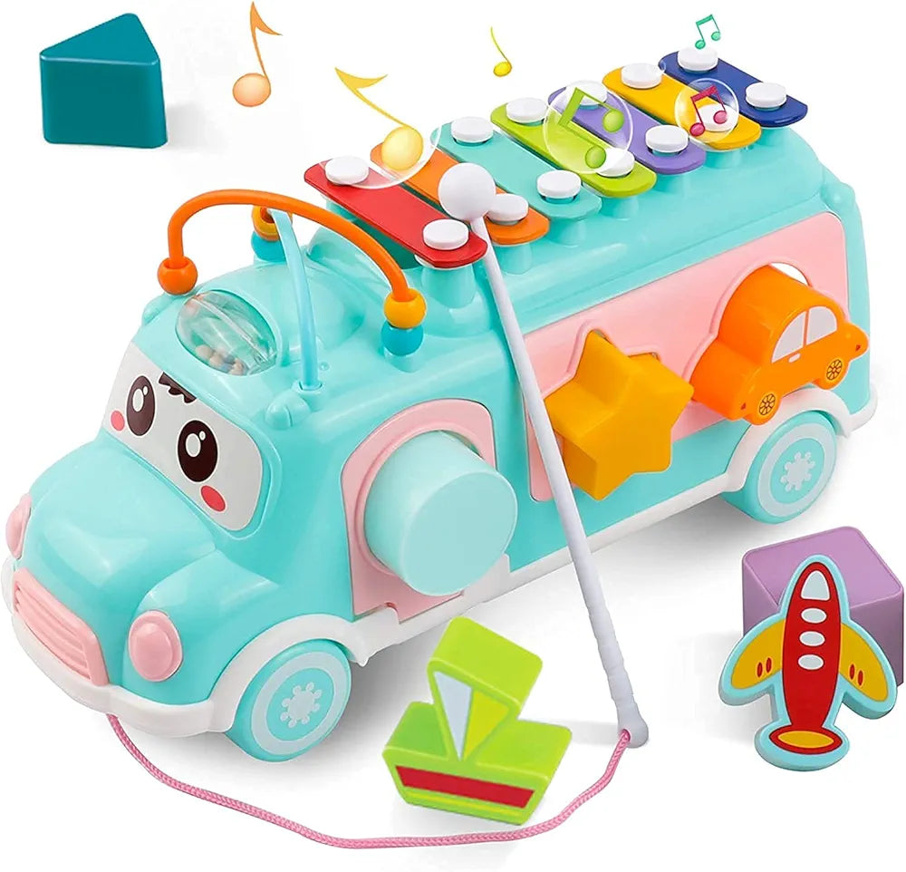 Lefan Plastic Musical Happy Bus Toy Baby Toys 6-18 Months with Xylophone & Shape Sorter Push & Pull Educational and Learning Toys for 1 2 3 4 5 Year Old Gift for Toddlers-Blue