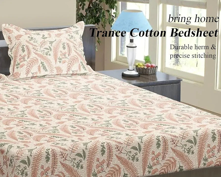 Trance Home Linen 100% Cotton 144Tc Elastic Fitted Bedsheet Printed King Bed Size with 2 Pillow Covers Colour Foliage Peach