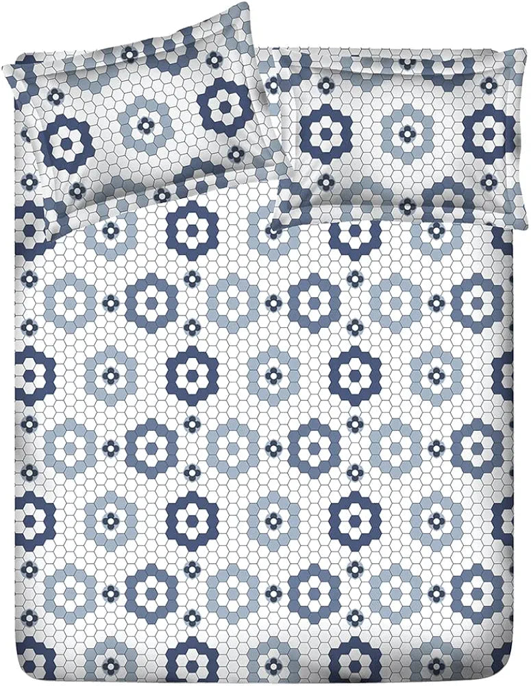Layers Firenze Cotton Bedsheet Set for All Seasons Lightweight 140 TC Queen Size White & Blue