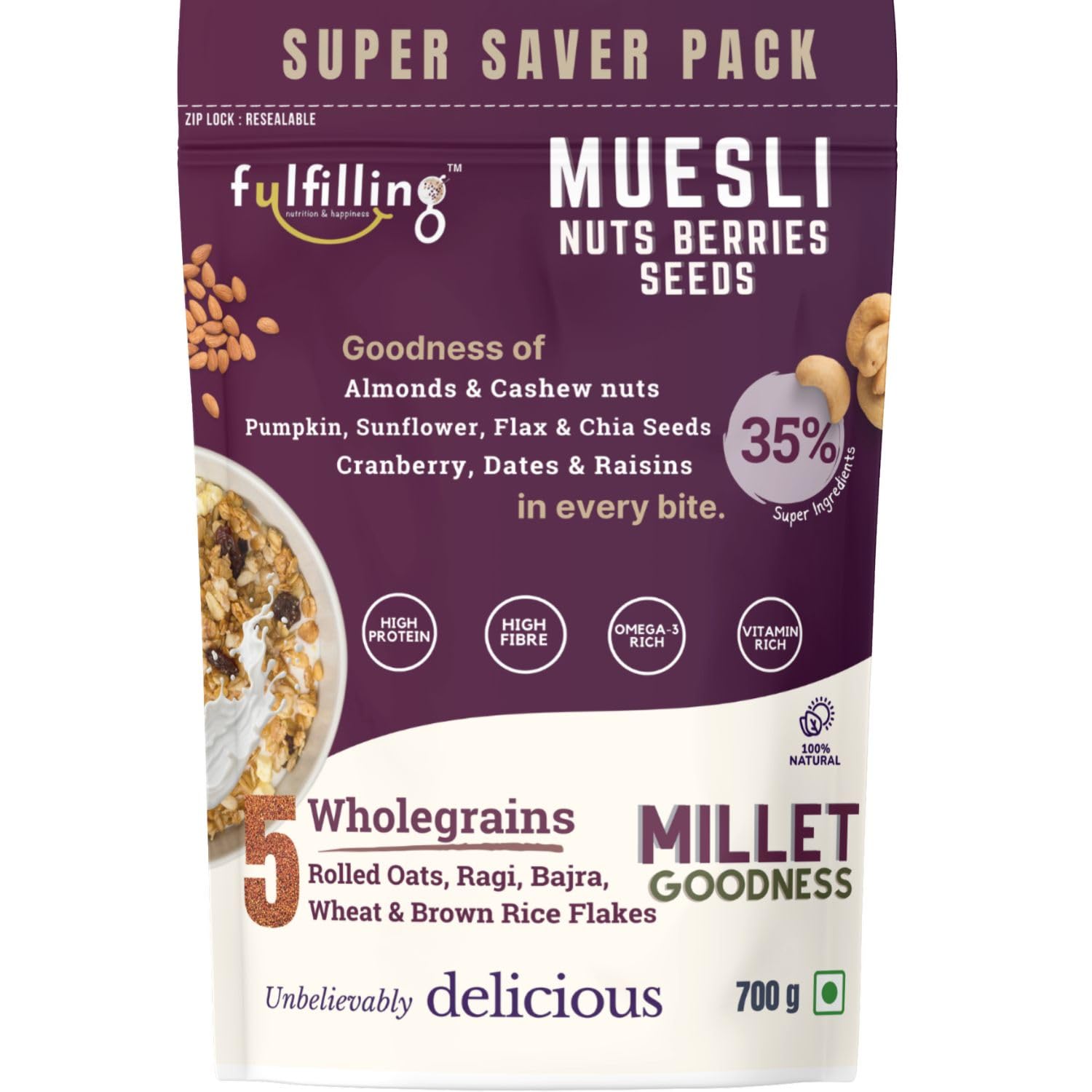 Fulfilling Muesli Fruit & Nuts - Nuts Berries Seeds | Pumpkin, Flax & Chia Seeds, Antioxidant Rich Cranberry, Rolled Oats + Millet Flakes | No Refined Sugar, Healthy Breakfast 700g