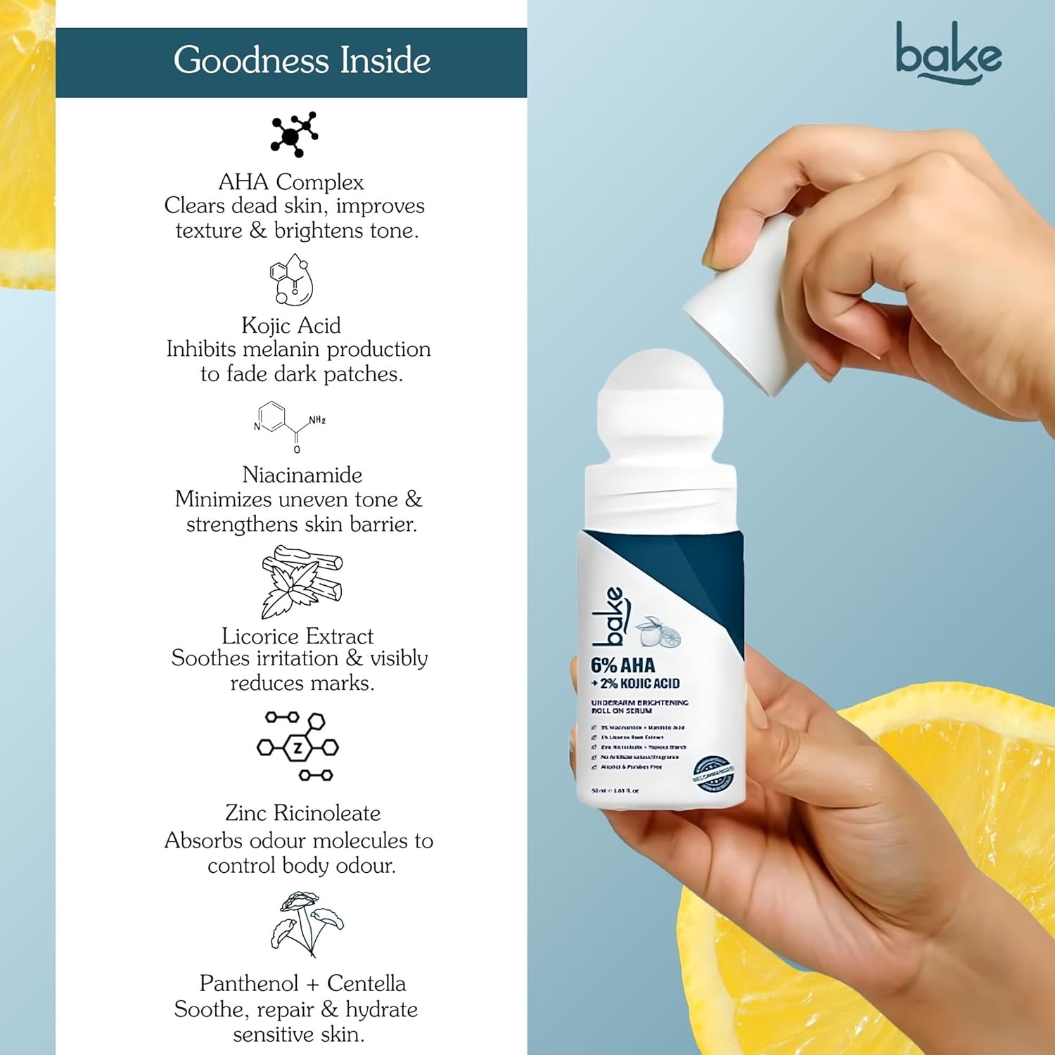 BAKE BrightEraseâ„¢ Underarm Brightening Roll On Serum with 6% AHA Complex, 2% Kojic Acid, 3% Niacinamide | Reduces Pigmentation, Dark Spots, Odour & Sweat | Brightening & Exfoliating Serum for Dark Underarms - 50ml