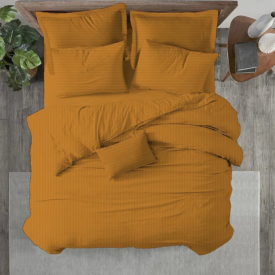 Trance Home Linen Zippered 100% Cotton 200TC Satin Stripe King Size Duvet Cover Quilt Cover Blanket Cover Razai Comforter Cover with 2 Pillow Covers Colour Mustard Yellow