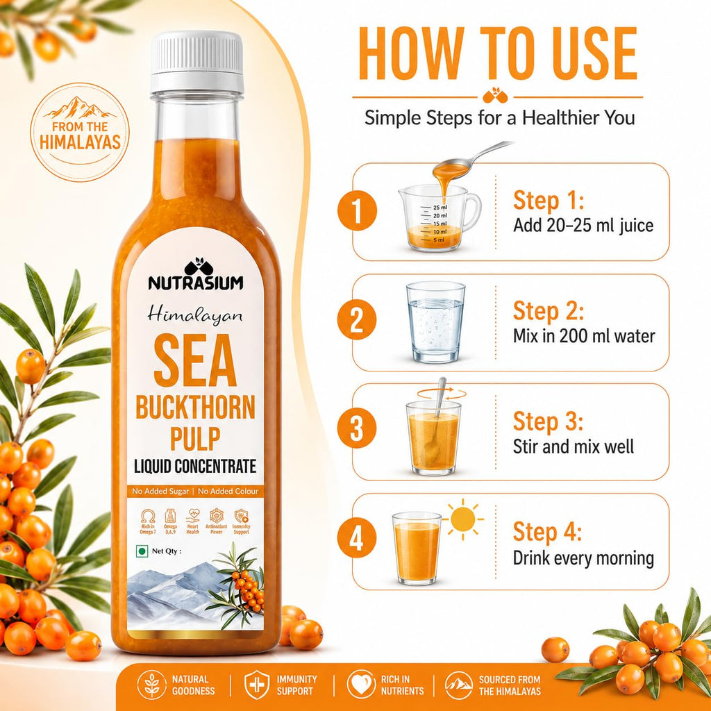 Nutrasium Himalayan Sea Buckthorn Berry Juice - 300 ml - Natural Source of Vitamin C, Omega 3 6 7 9, Antioxidants for Immunity, Skin Glow & Gut Health - 50 Glasses (300ml)