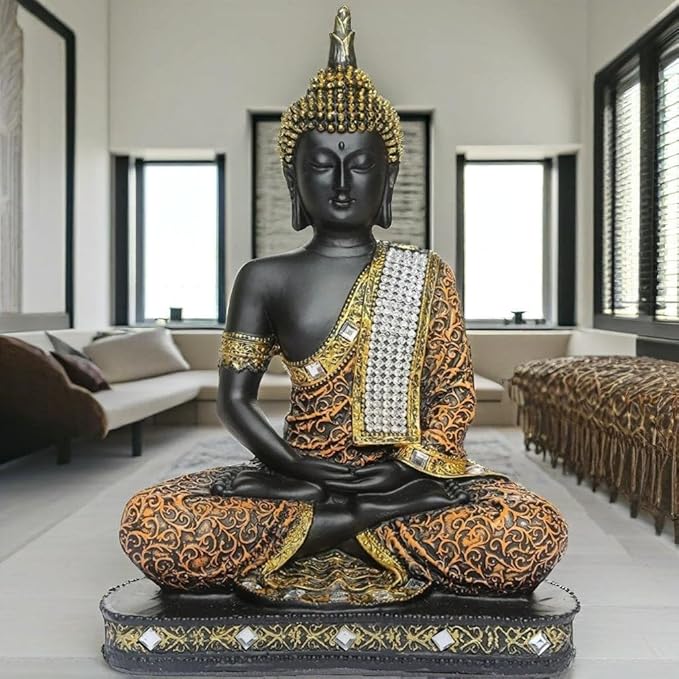 Global Grabbers New Meditating Sitting Buddha Statue Idol Gifts Orange Black Colour