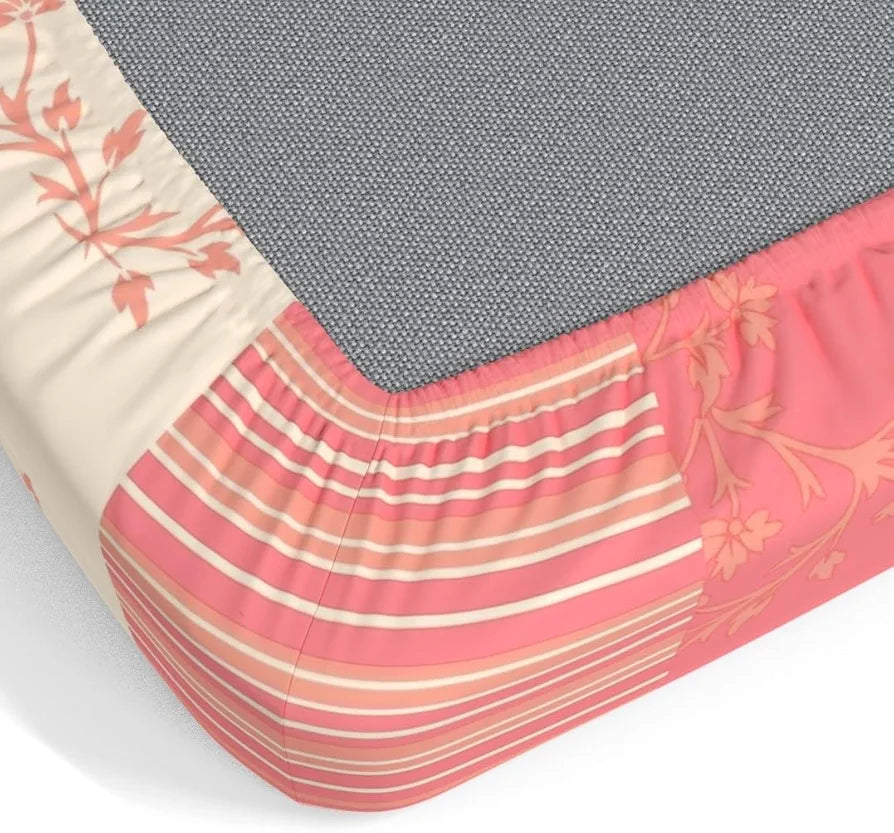 Dreamscape Cotton Floral King Fitted Bedsheet with 2 Pillow Covers Peach Bougainvillea