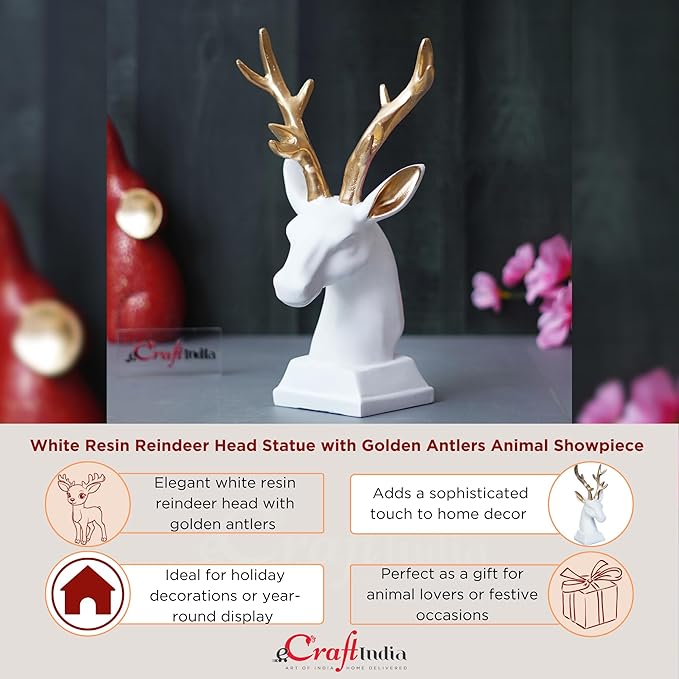 Ecraftindia White Polyresin Reindeer Head Statue With Golden Antlers Animal Showpiece