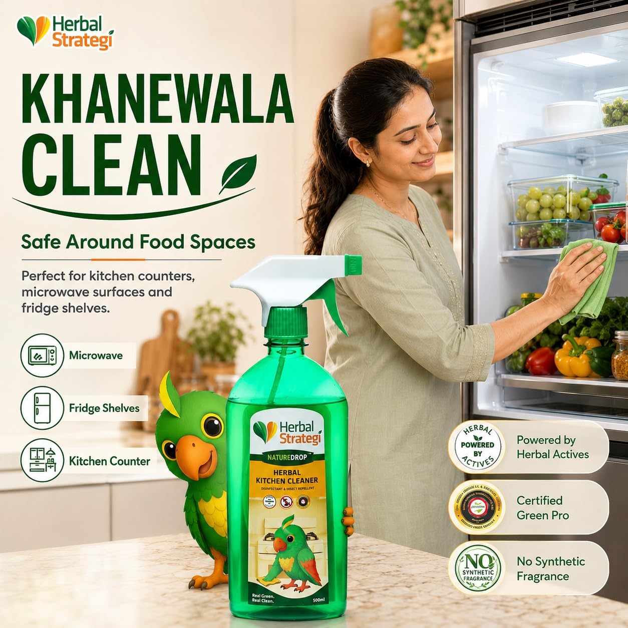 Herbal Strategi Kitchen Cleaner Spray Khanewala Clean – Food-Safe & Non-Toxic | Everyday kitchen cleaner | Safe for Organic Kitchens, Baby High-Chairs & Countertops | No Harsh Chemical Residue