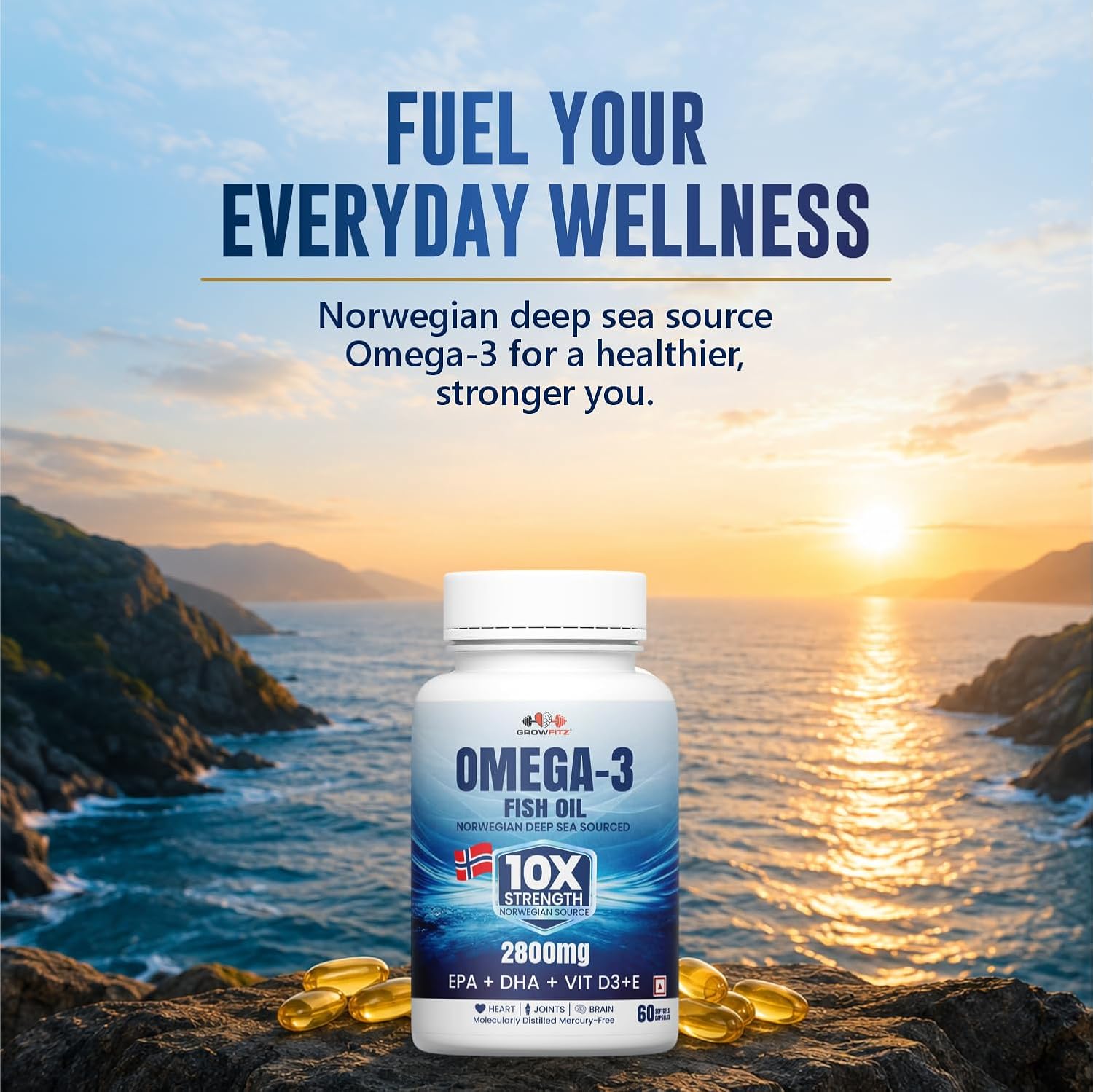 Growfitz Omega 3 Fish Oil (60 Softgels) | 2800 Mg | 10X Strength for Men & Women | No Fishy Burps | Supports Heart, Brain, Joints, Skin | With EPA+, Vitamin D3 & Vitamin E | Omega3 Fishoil Supplement