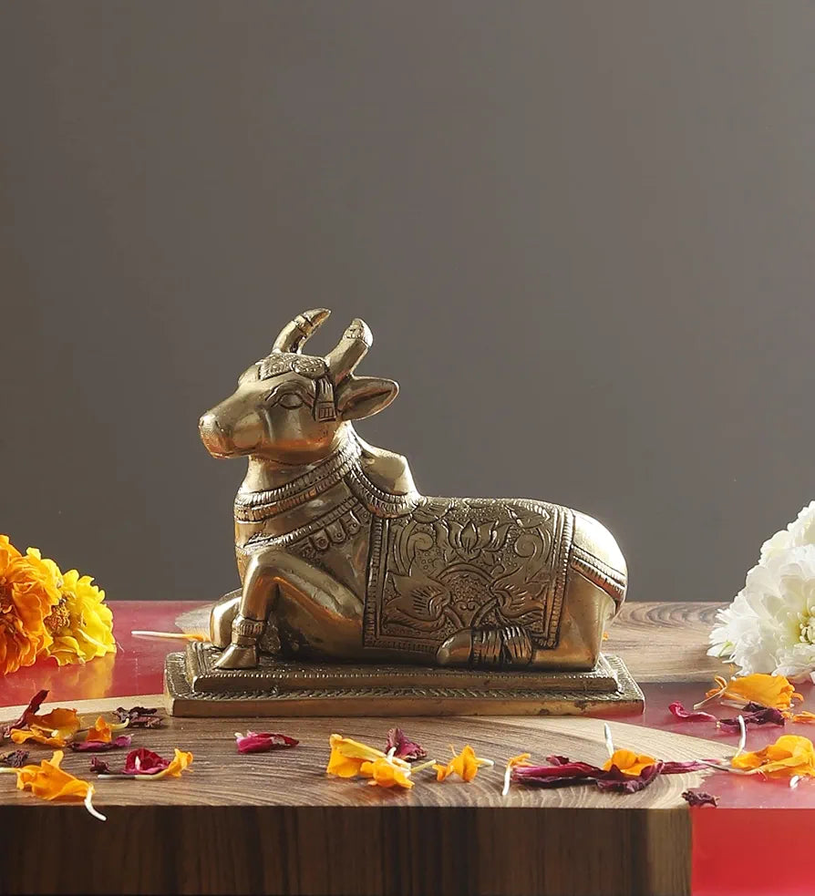 Two Moustaches Lotus Engraved 5 Inches Brass Nandi Cow Over Base