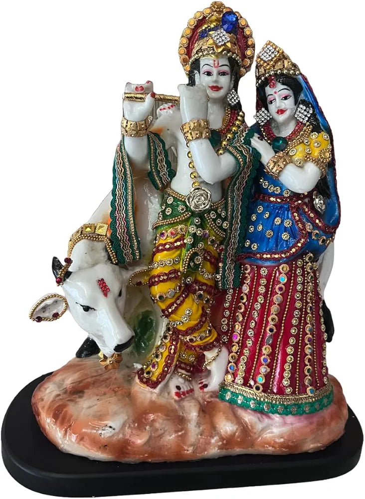 Alila Marble Finish Murti Idol Statue Sculpture Spiritual Hindu God 630DJ Radha Krishana with Cow