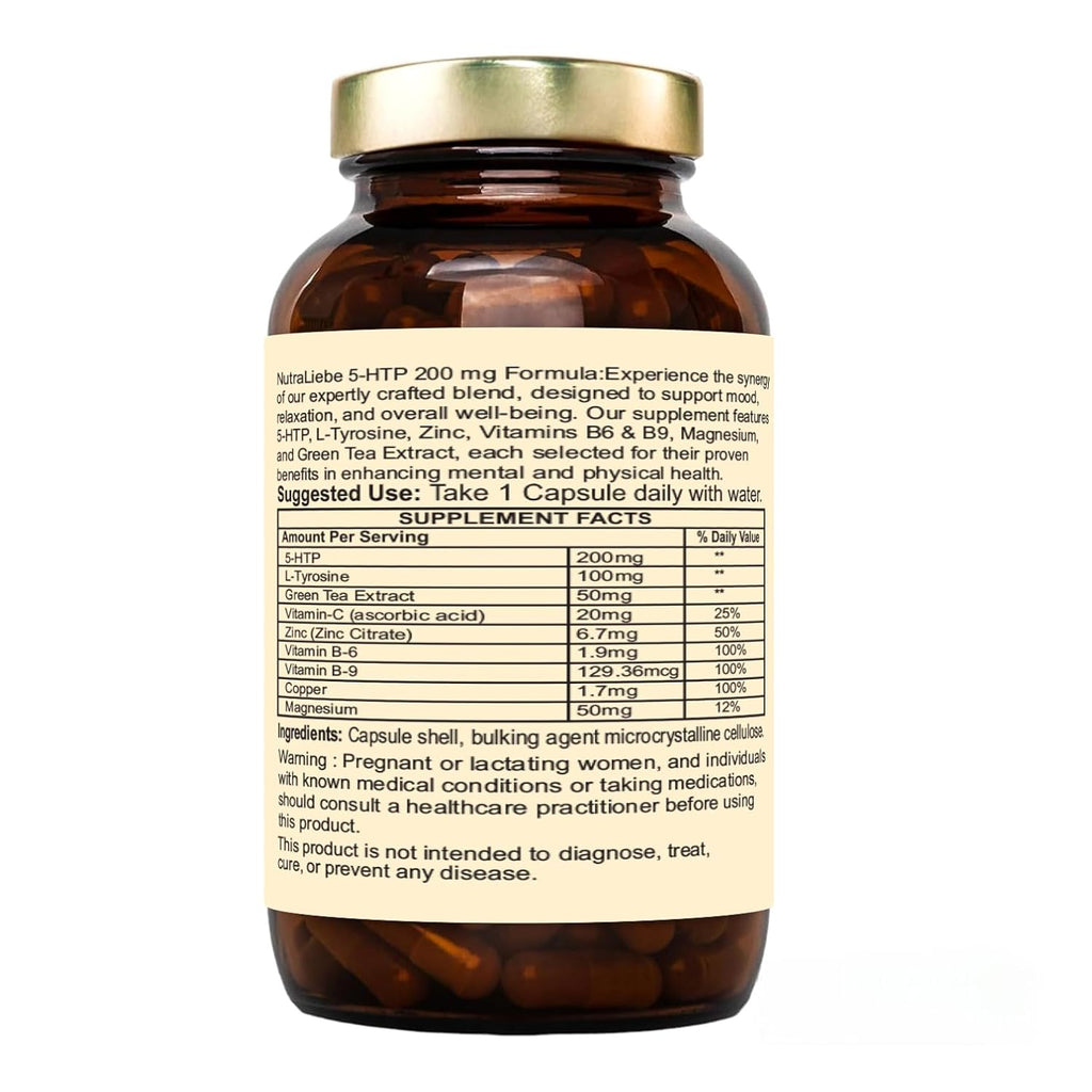 Nutraliebe 5-HTP 200mg with L-Tyrosine, Zinc, Vitamins B6 & B9, Magnesium, Ashwagandha, Green Tea Extract - 90 Capsules for Mood, Relaxation, and Cognitive Support