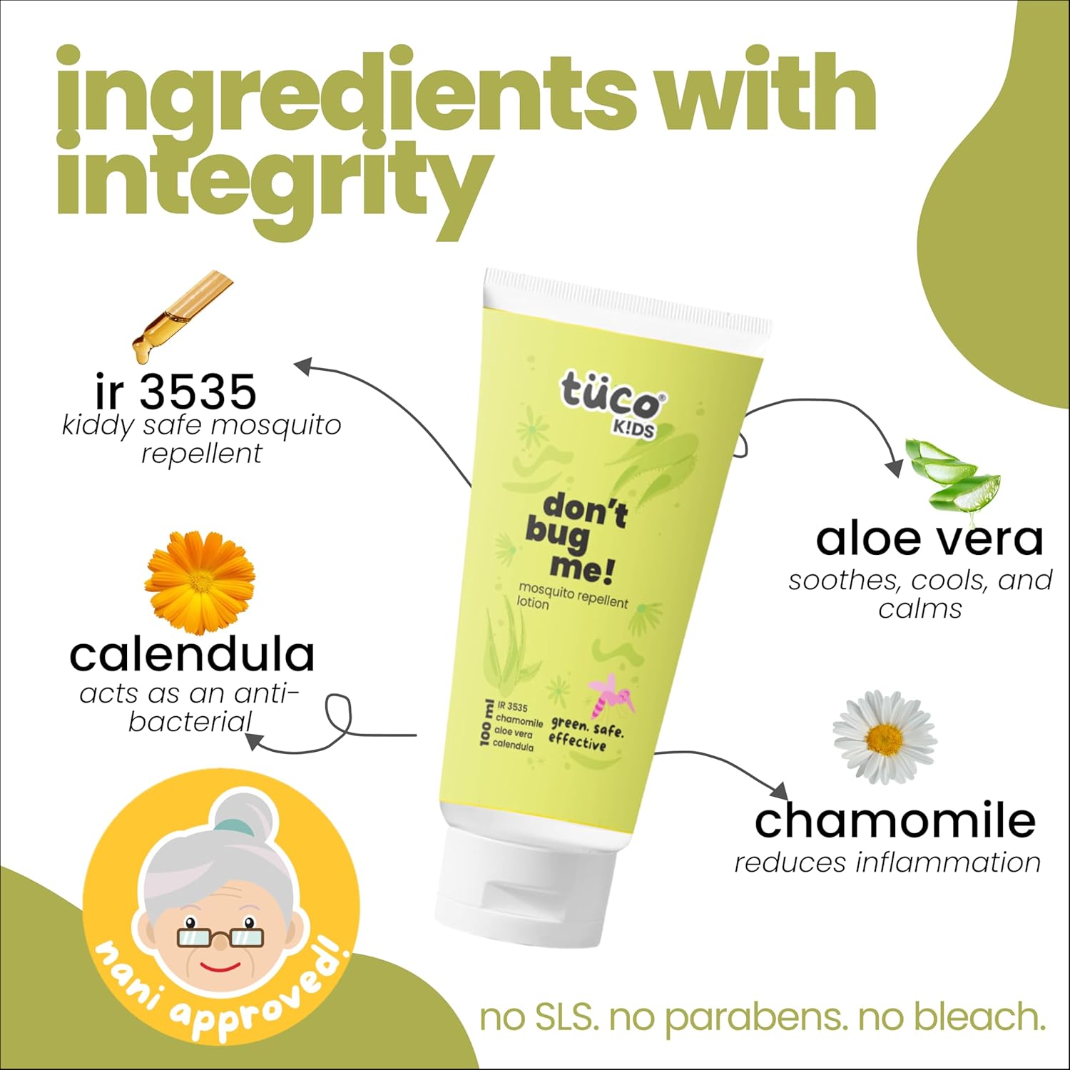 Tuco® Kids Don't Bug Me Mosquito Repellent Lotion | Chamomile, Aloe Vera and Calendula | Safe for Kids & Baby | Protects from Dengue, Malaria, Chikunguniya | DEET Free | 100% Natural with 8 hr. Protection | Age 0-10 Years | 100 ml