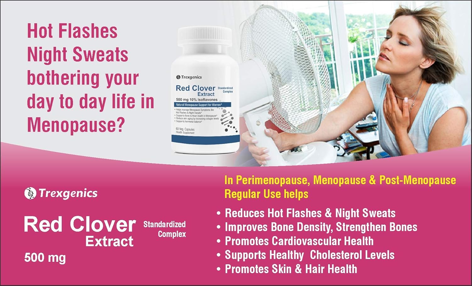 Trexgenics RED CLOVER 500mg (10% Phytoestrogen Isoflavones) Natural Menopause, Hormonal Balance Support for Women (60 Vcaps) (1)