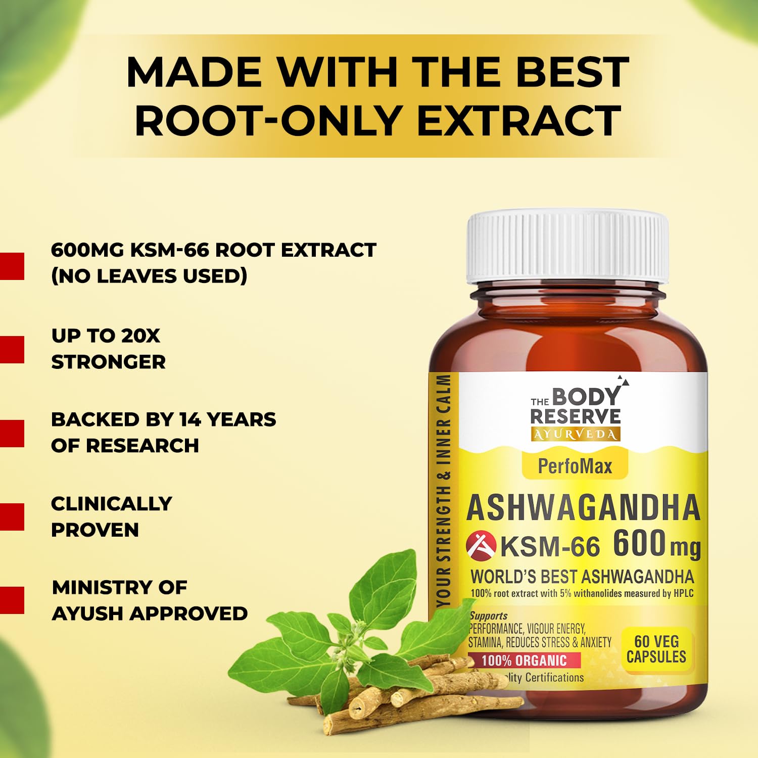 The Body Reserve Ashwagandha KSM66-60 Capsules Ashwagandha KSM 66 for men & Women Supports Stress Management & Muscle Recovery
