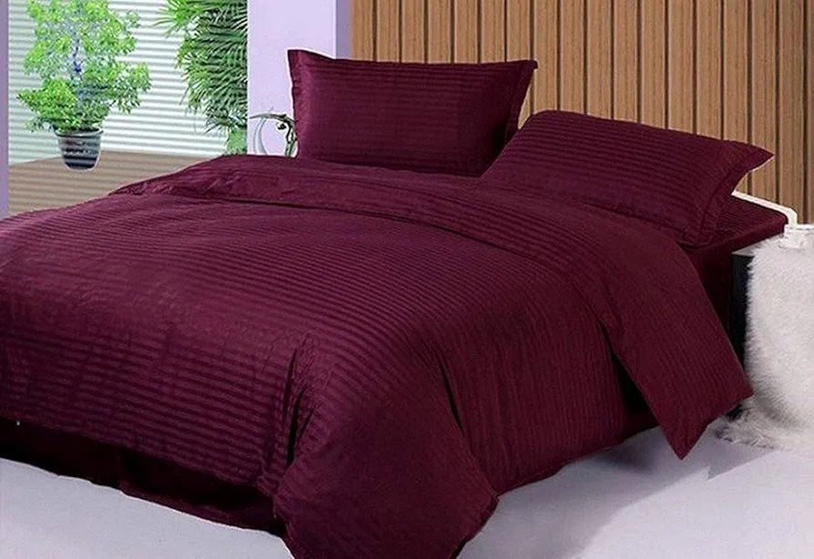 Purav Light Microfiber Flat Double Bed Bedsheet Plain Striped Cotton Bedsheet with 2 Pillow Covers for King Size Bed 340 TC Breathable Wrinklefree Wine Color