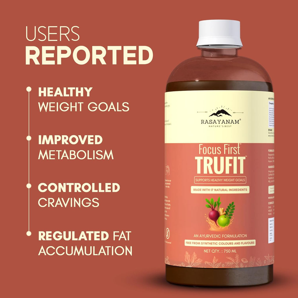 Rasayanam TruFit Juice 750 ml | 17 Herbs for Weight Management & Digestion | Kwath Method | No Sugar | Garcinia, Green Tea, Amla & Moringa | 100% Natural & Safe