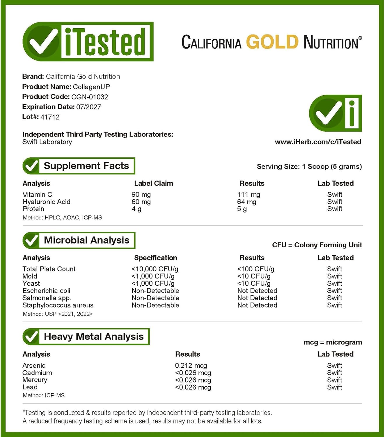 California Gold Nutrition CollagenUPÂ®, Hydrolyzed Marine Collagen Peptides with Hyaluronic Acid and Vitamin C, Unflavored, 1.02 lb (464 g)