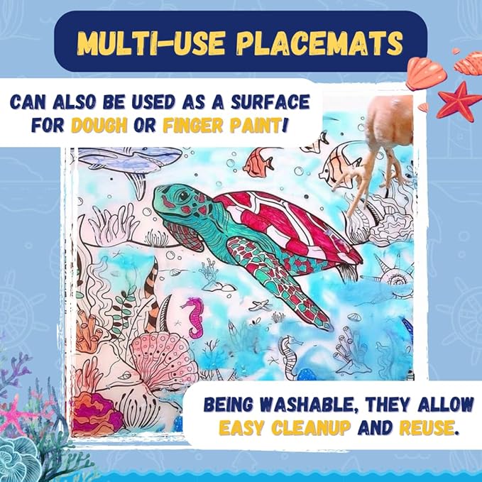 Pepplay Reusable Coloring Placemats Sheet with 8 Erasable Marker Pens Art Kit Ocean and Wild