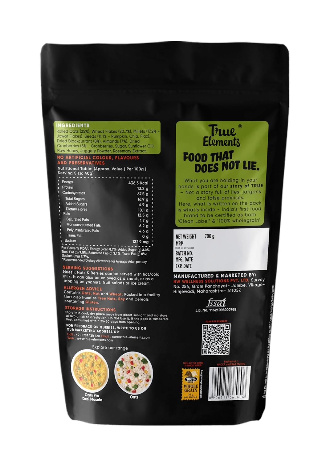 True Elements Muesli Nuts & Berries 700g - With 14% Millets, Almonds & Cranberries | Muesli Nuts Delight | Breakfast Cereal | 100% Wholegrain