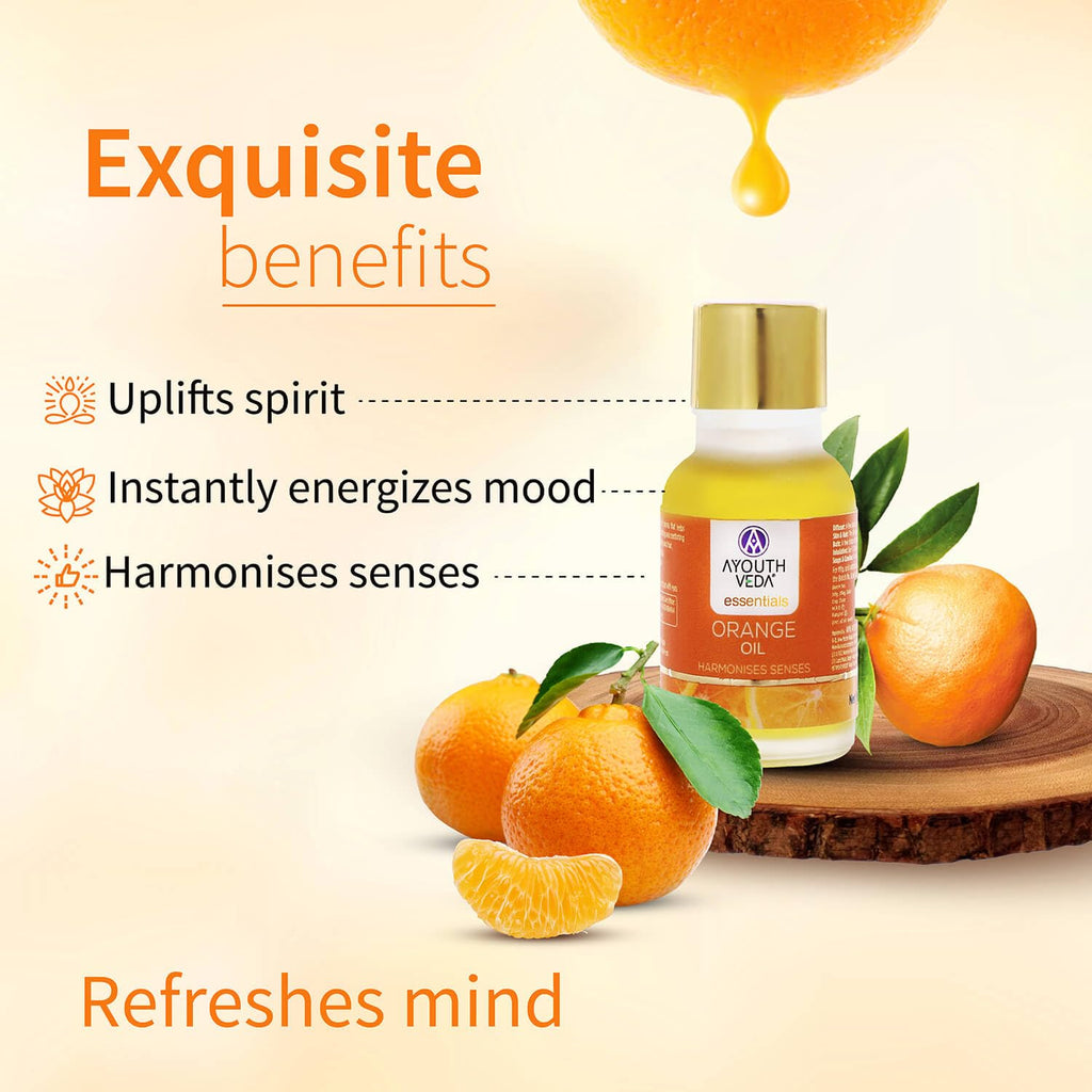 Ayouthveda Orange Essential Oil for Skin & Hair | Aromatherapy Kit for Stress Relief & Relaxation | 100% Pure & Natural Therapeutic Grade |Can Be Used as Air purifier (Pack Of 1; 15ml)