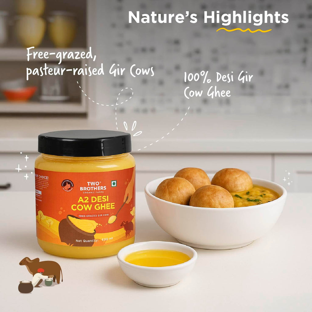 Two Brothers Organic Farms Desi Gir Cow Ghee (500ml) | Made with A2 Cow Milk | Grass-fed Gir Cows | Handcrafted in Small Batches