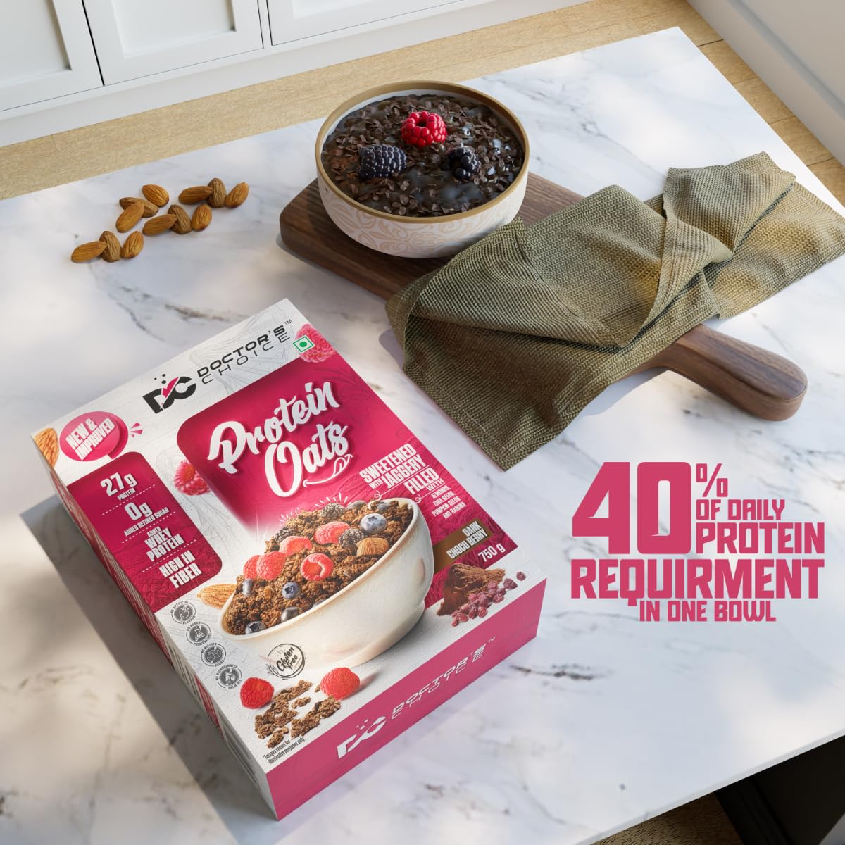 Doctors Choice High Protein Oats 750g | 27g Protein Oatmeal | Dark Choco Berry Flavor | No Added Sugar | Gluten Free | High Fiber Healthy Breakfast Oats