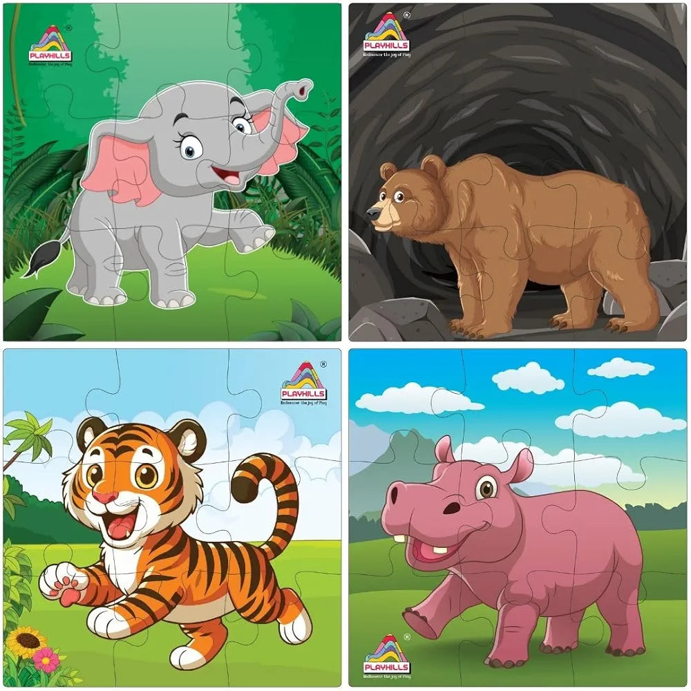 Playhills Wooden Jigsaw Puzzle Set Cute Wild Animals Theme 9-Piece Puzzles for Kids Educational Learning Toy Set of 4 for Children