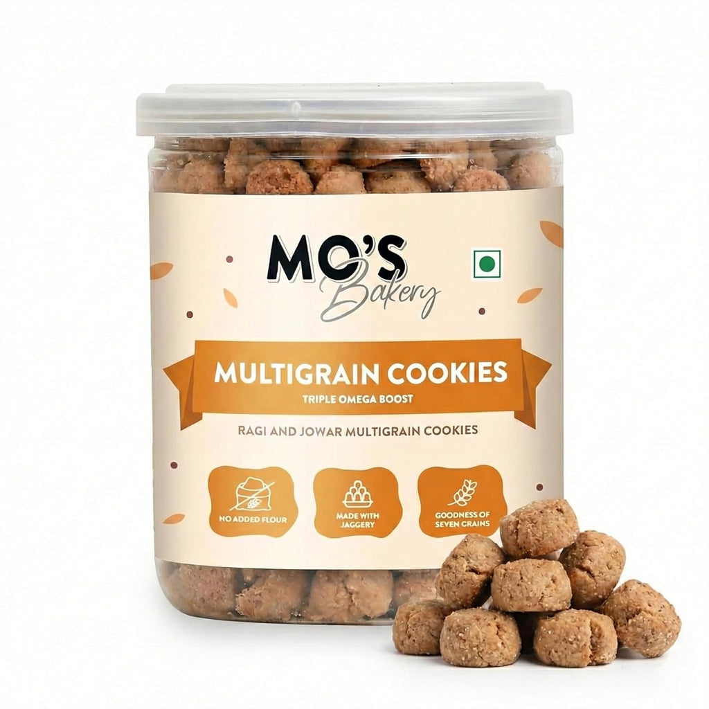 Mo’s Triple Omega Multigrain Cookies | Mini Healthy Cookies for Kids & Adults | Tea Time Snack | Omega-Rich Seeds & Whole Grains with Ragi, Oats, Barley, Amaranth & Almond | Flax, Chia, Melon, Sunflower & Pumpkin Seeds | No Refined Sugar