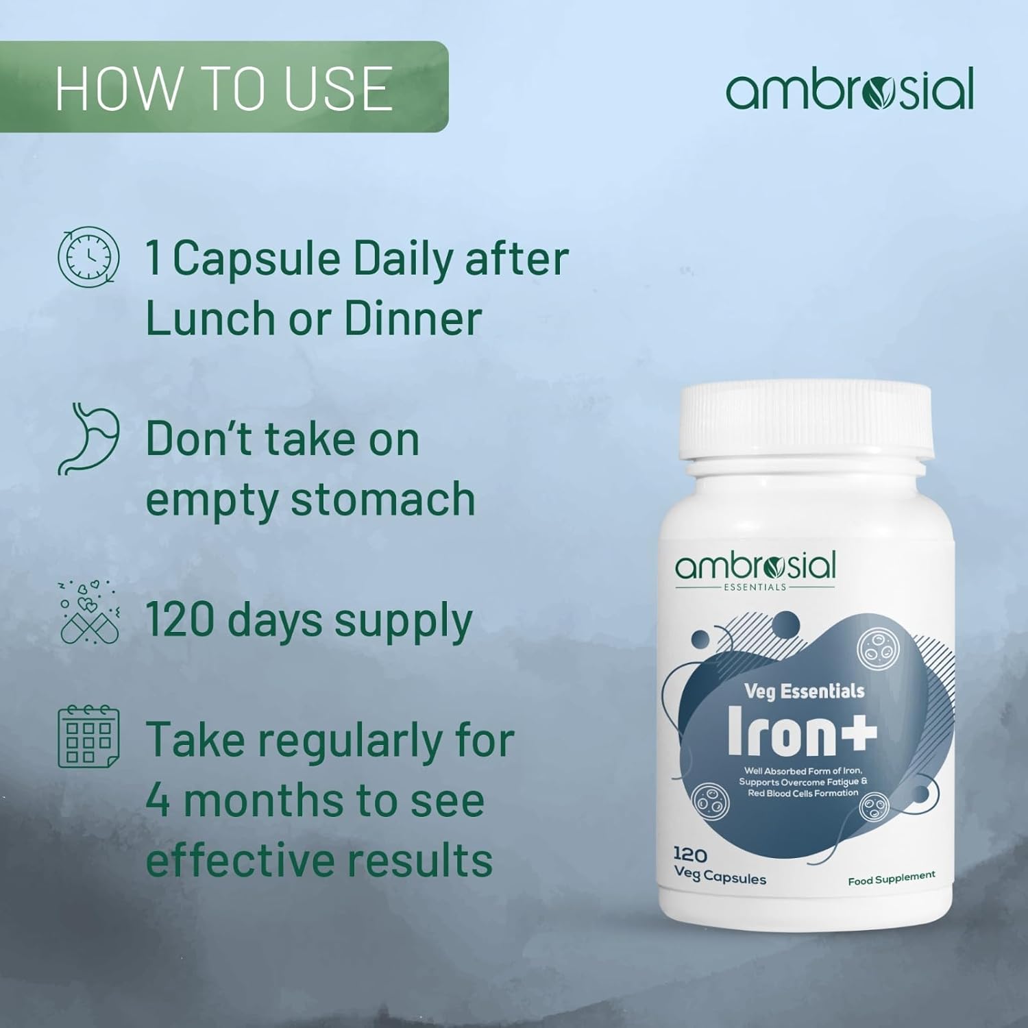 Ambrosial Iron Tablets High Strength 25mg| Iron Supplement for Women & Men| Blood Support & Helps Reduce Tiredness & Fatigue | Enhanced Absorption & Non - Constipating (Pack of 1-120 Capsules)