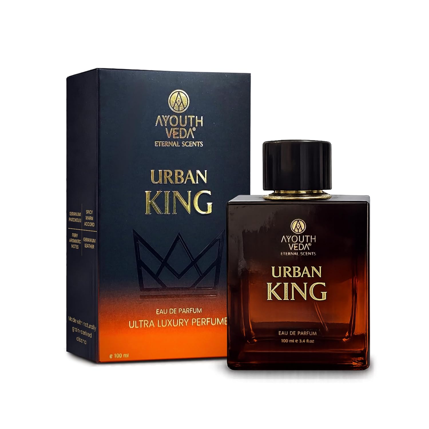 Ayouthveda Urban King Eau De Parfum for Men | Long-Lasting Luxury Perfume | Geranium, Patchouli, Spicy Warm Accord & Leather Notes | Bold & Confident All-Day & Night Fragrance | 100ml