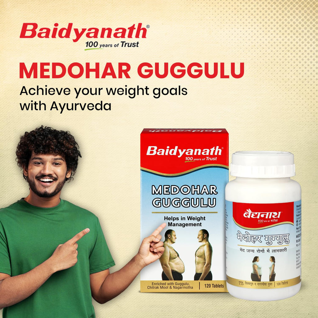 Baidyanath Ayurved Medohar Guggulu Tablets, Enriched with Guggulu, Chitrakmool and Nagarmotha- 120 Tab (Pack of 1)
