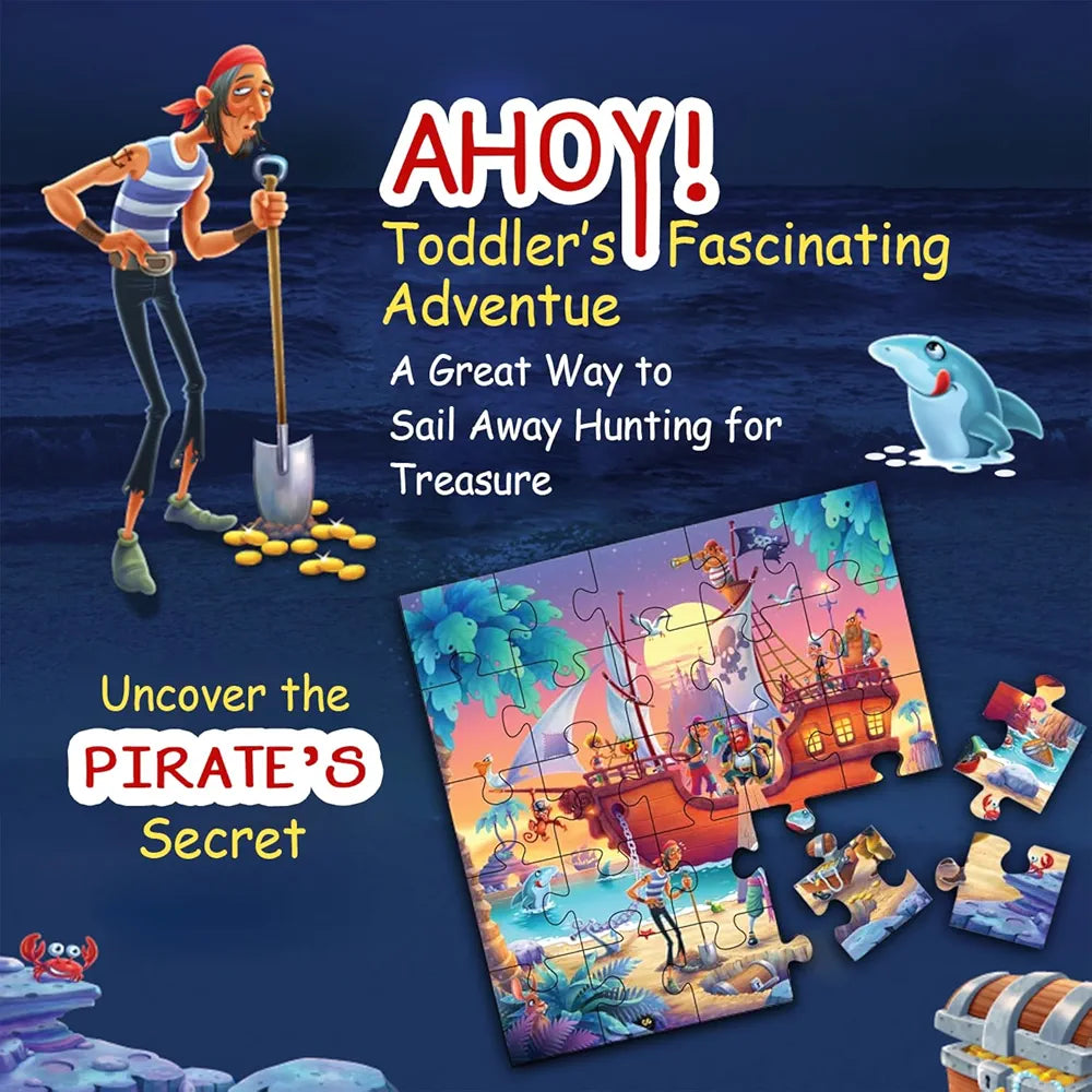 Playqid Pirate Ship Jigsaw Puzzle for Kids, 25 Giant Pieces Treasure Hunt Floor Puzzle for Ages 2-4, Educational Toy for Toddlers