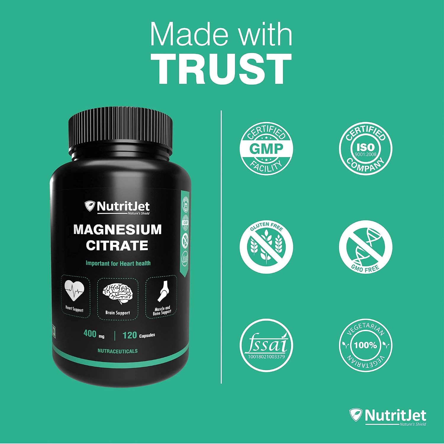 NutritJet Magnesium Citrate Powder Capsules 400mg [120 Caps] Pure Non-GMO Supplements, Natural Sleep Calm Relax