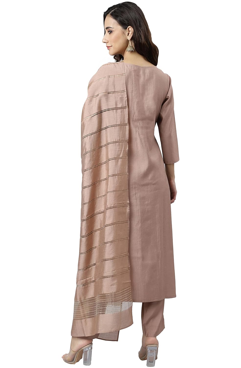 Janasya Women's Dusty Rose Viscose Blend Embroidered Kurta with Pant