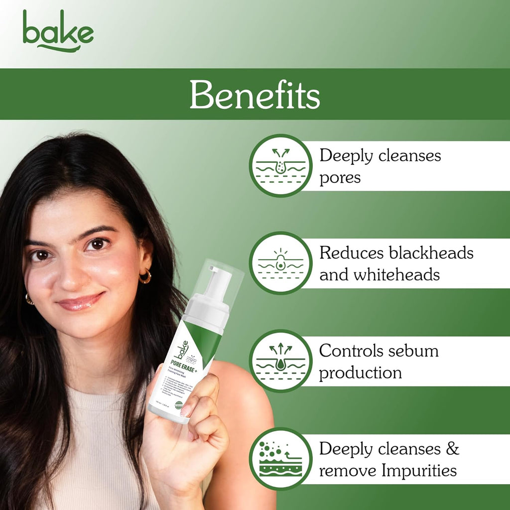 BAKE Pore Erase Foaming Face Wash with 2% Glycolic Acid, 1% Salicylic Acid & Mandelic Acid | Unclogs Pores, Reduces Blackheads & Whiteheads, Controls Sebum | For Oily, Acne Prone & Combination Skin â€“ 100ml
