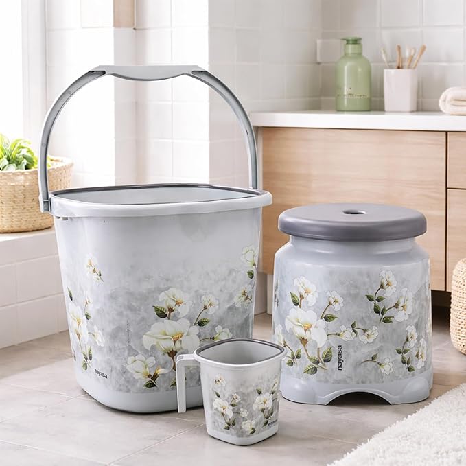 Nayasa Marble 3 Pcs Bathroom Set|Bucket 18 L + Mug 1.5 L + 508 Stool|Grey