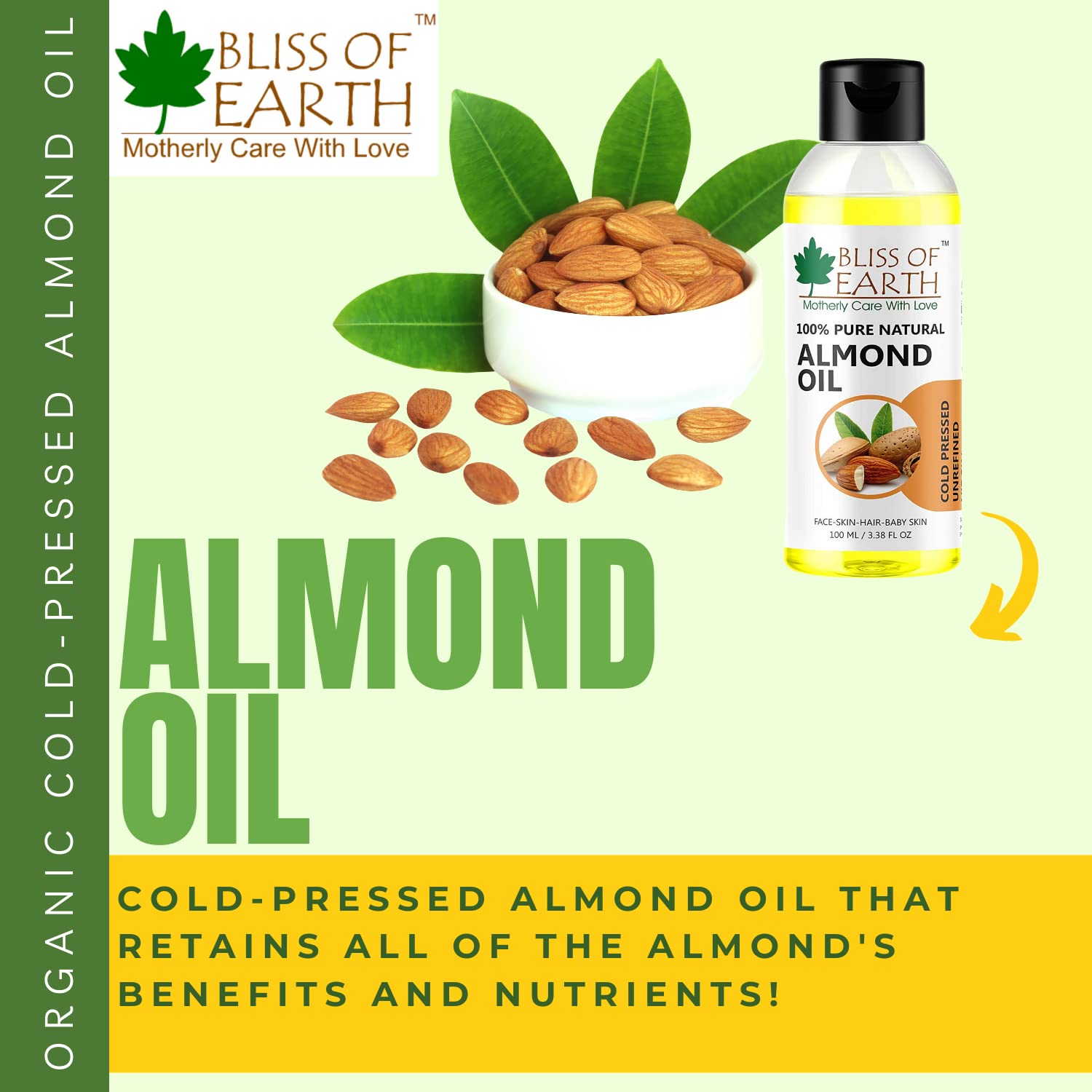Bliss of Earthï¿½ 100% Pure & Natural Sweet Almond Oil (Coldpressed & Unrefined) Extracted From Whole Almond Kernels (100ML)