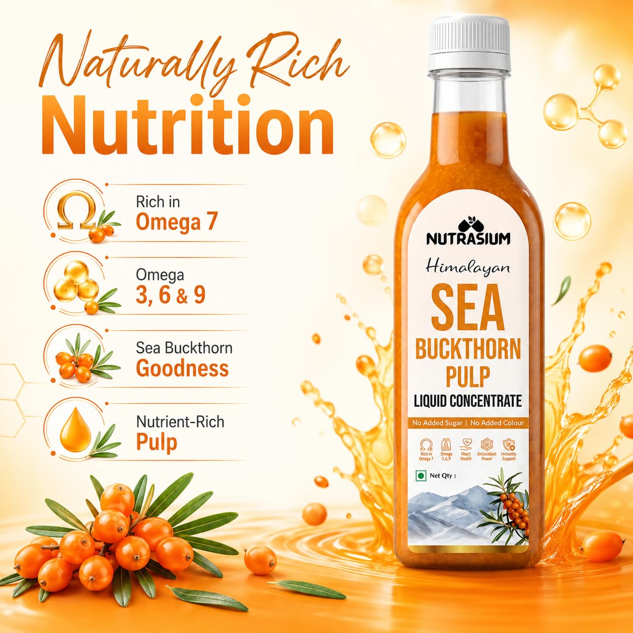 Nutrasium Himalayan Sea Buckthorn Berry Juice - 300 ml - Natural Source of Vitamin C, Omega 3 6 7 9, Antioxidants for Immunity, Skin Glow & Gut Health - 50 Glasses (300ml)