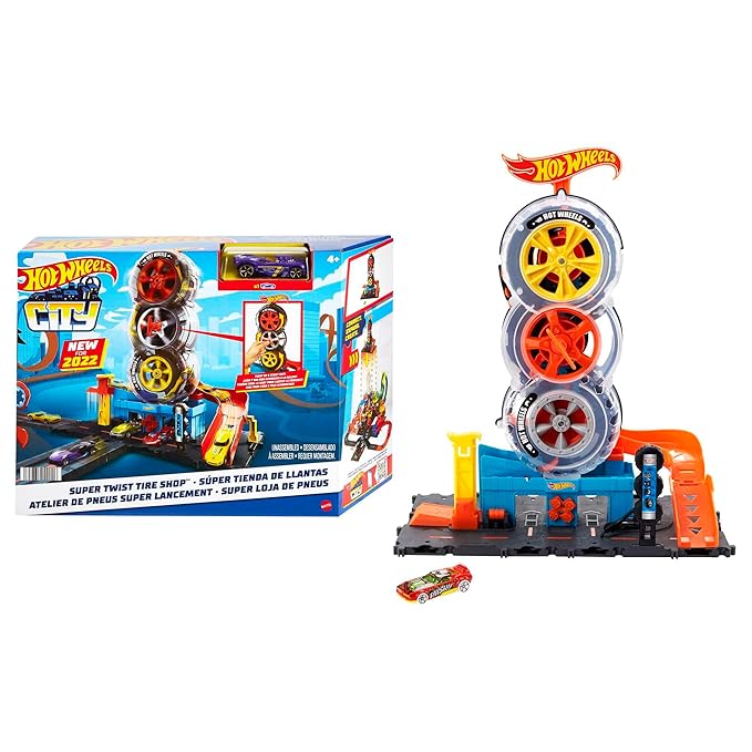Hot Wheels City Super Twist Tire Shop Playset Spin The Key to Make Cars Travel