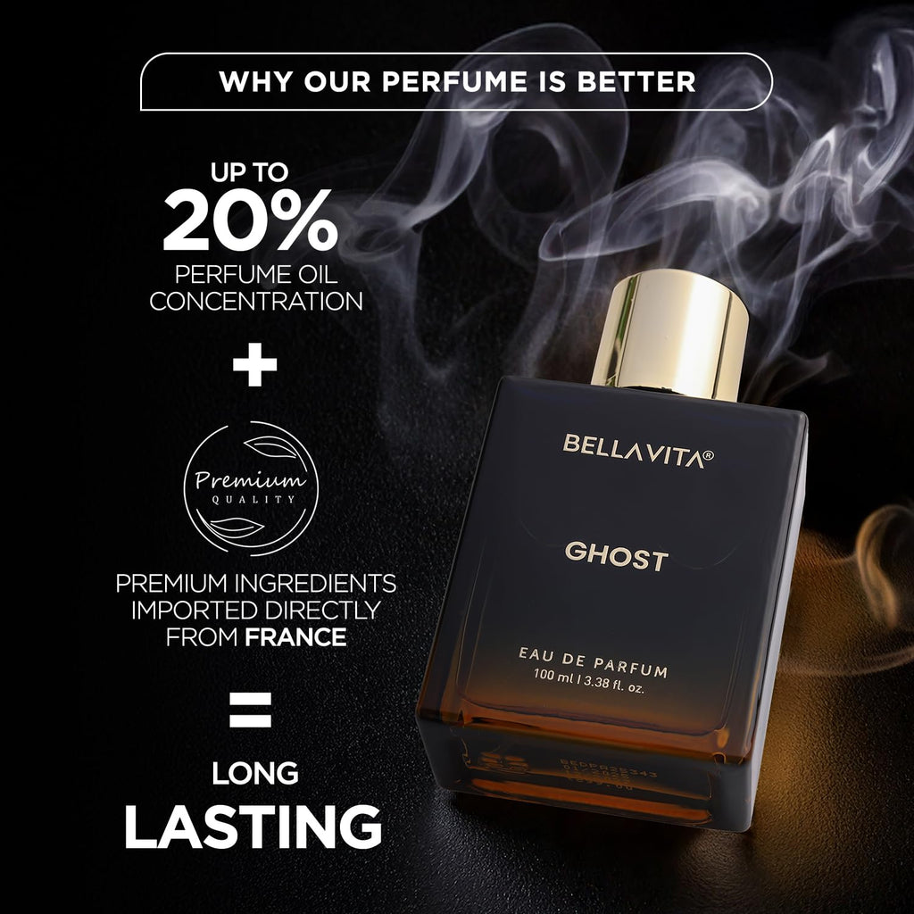BELLAVITA Ghost Unisex EDP | Long Lasting | 100ml | Perfume for Man and Woman | Cedarwood, Jasmine & Musk | Premium Perfume for Men and Women