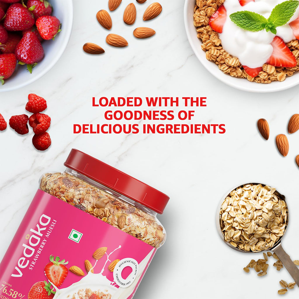 Vedaka Strawberry Muesli | 1 Kg | Jar | Contains 76.58% of Dry Fruits, Nuts and Multigrains | Source of Fiber | Loaded with Strawberries