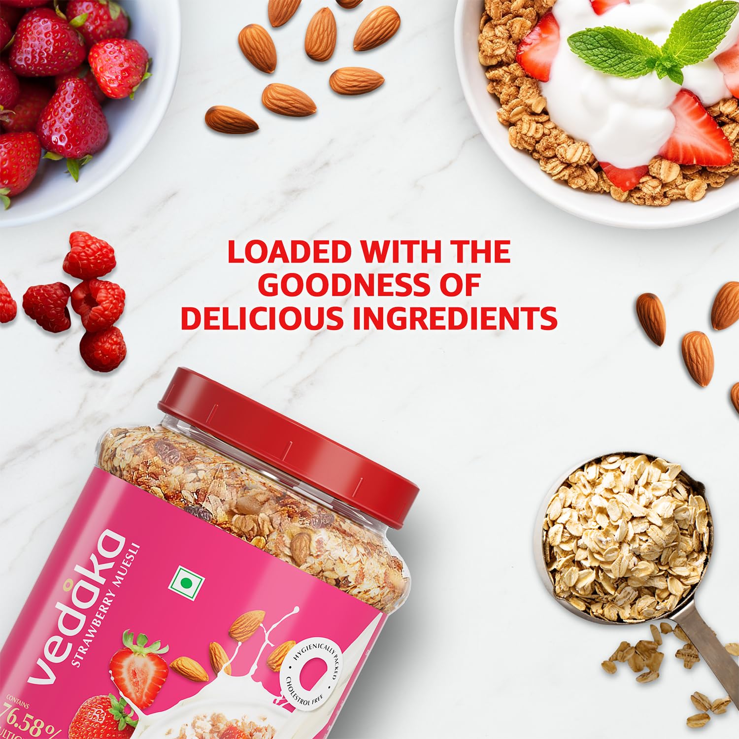 Vedaka Strawberry Muesli | 1 Kg | Jar | Contains 76.58% of Dry Fruits, Nuts and Multigrains | Source of Fiber | Loaded with Strawberries