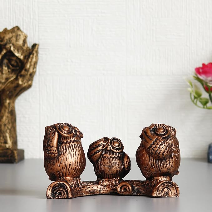 Ecraftindia Handcrafted Polyresin 3 Owl Statues Birds Sitting on Branch Figurine Decorative Showpiece
