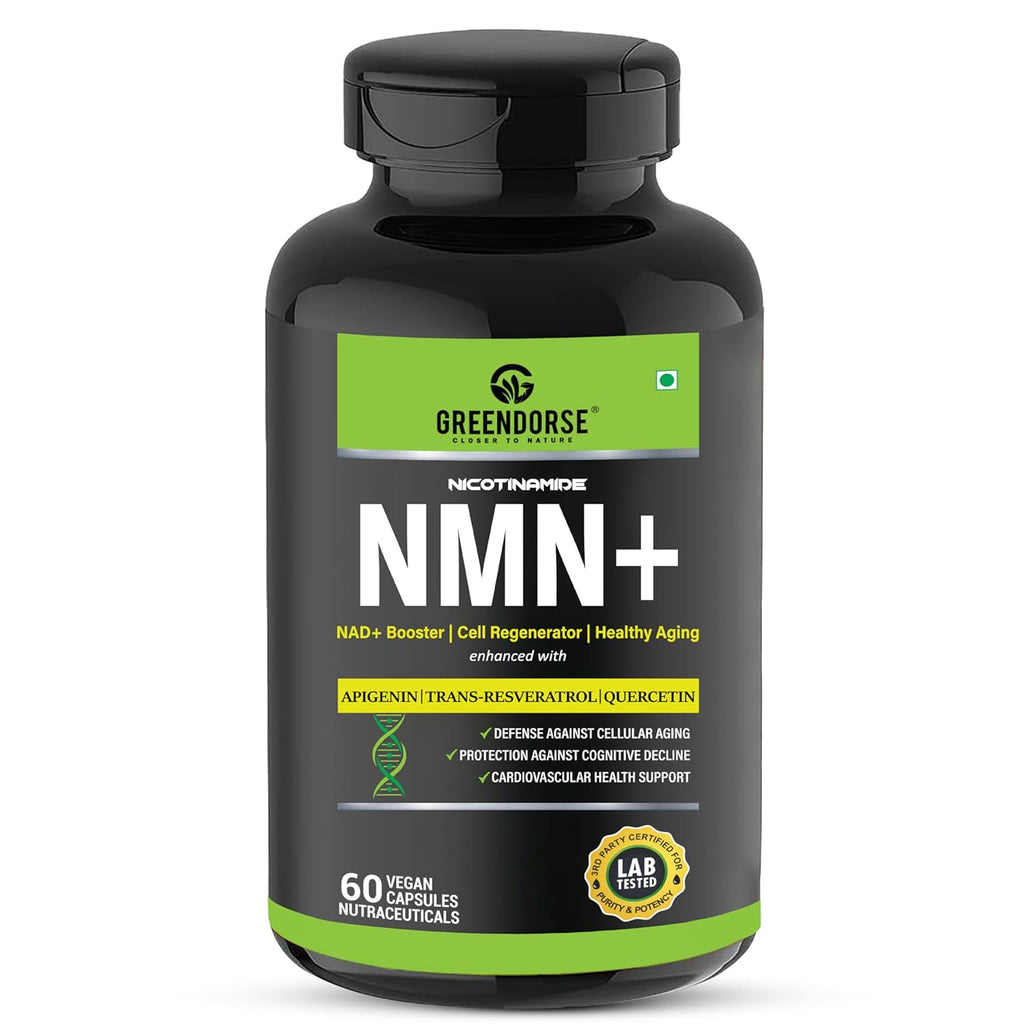 GREENDORSE NMN 99.9% Pure with Apigenin, Trans-Resveratrol & Quercetin | 3-in-1 Supplement | High Bioavailability | 3rd Party HPLC Tested | Supports NAD+, Healthy Ageing, Cellular Health, Muscle & Heart Health | 60 Veg Capsules