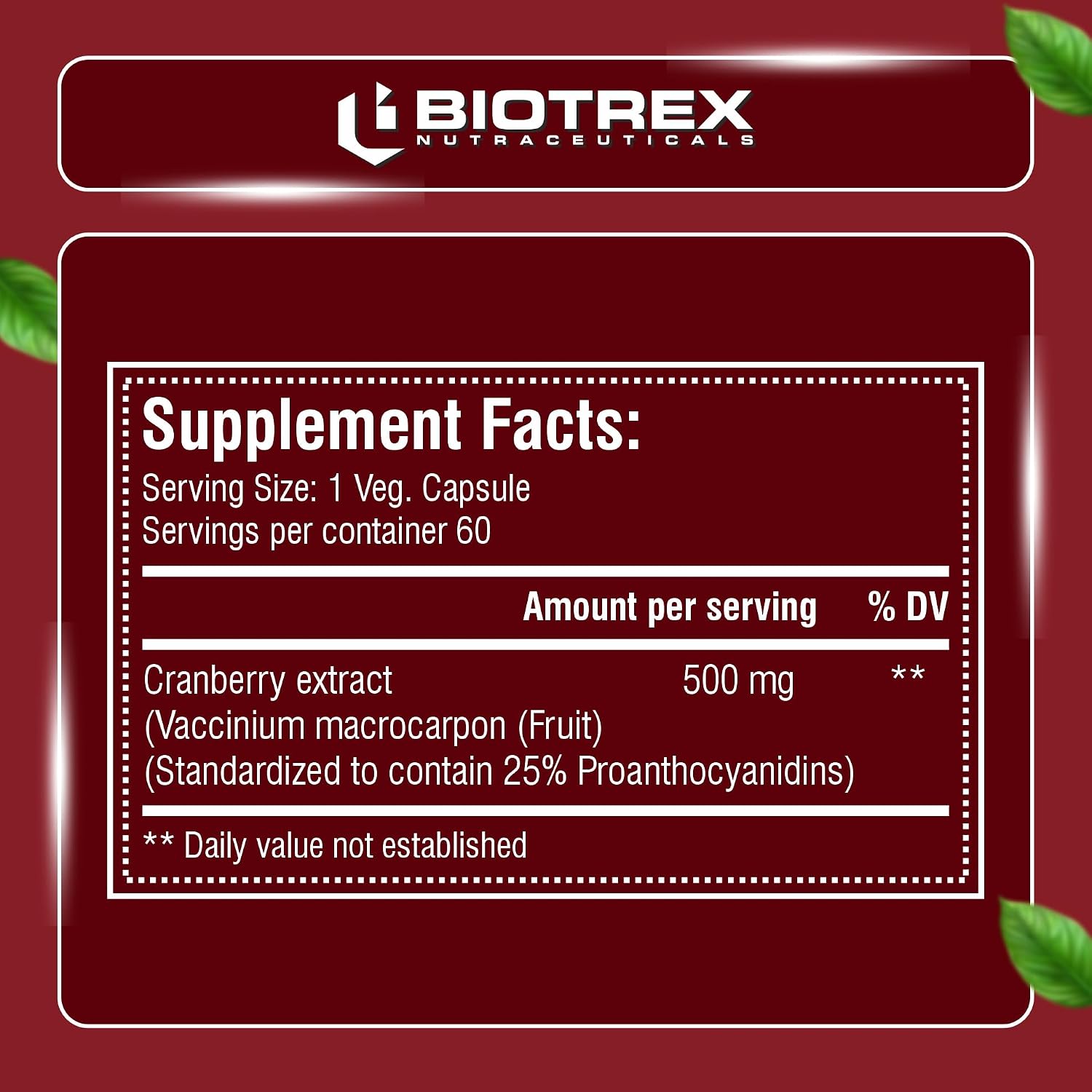 Biotrex Nutraceuticals Cranberry 500mg - for Urinary Tract Health, UTI Health Supplement | 60 Capsules