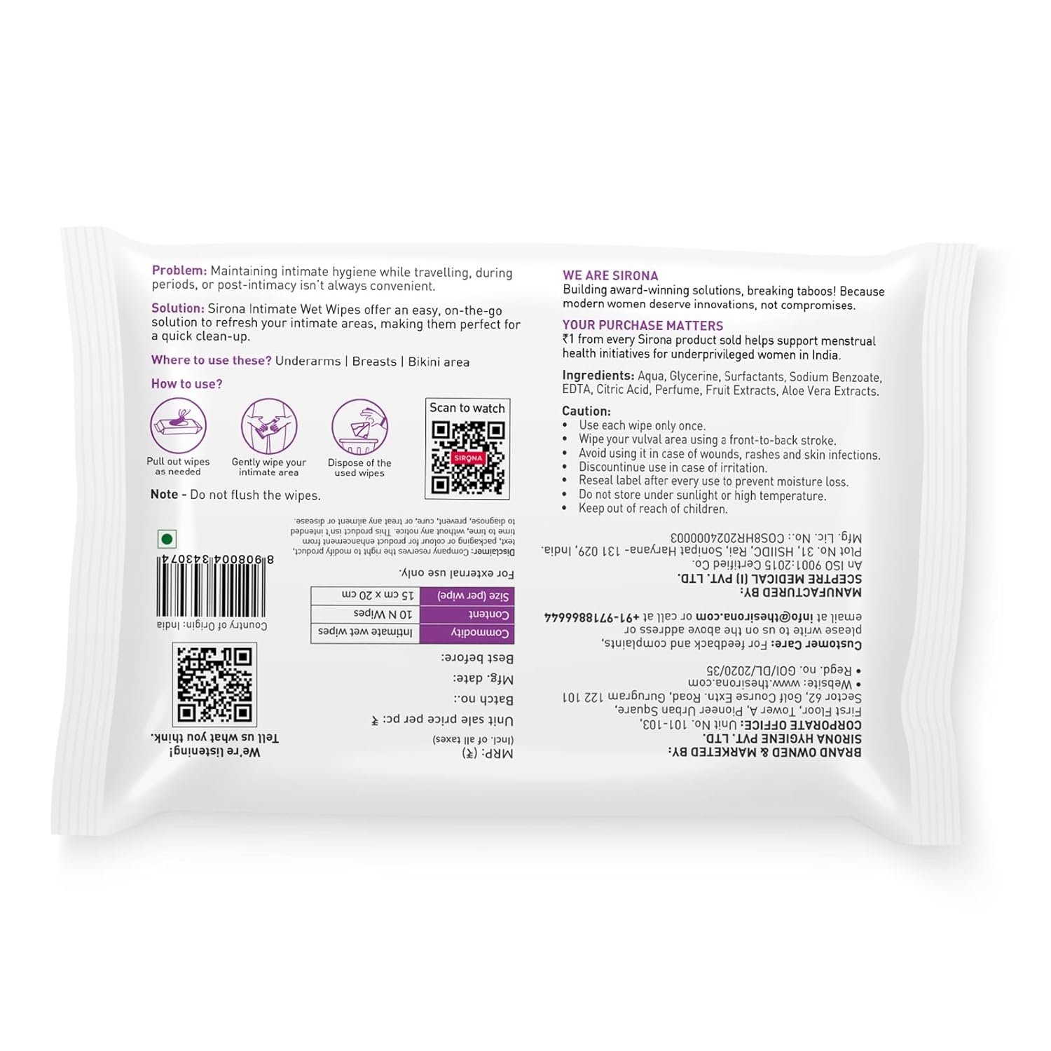 Sirona Intimate Wet Wipes - 10 Wipes