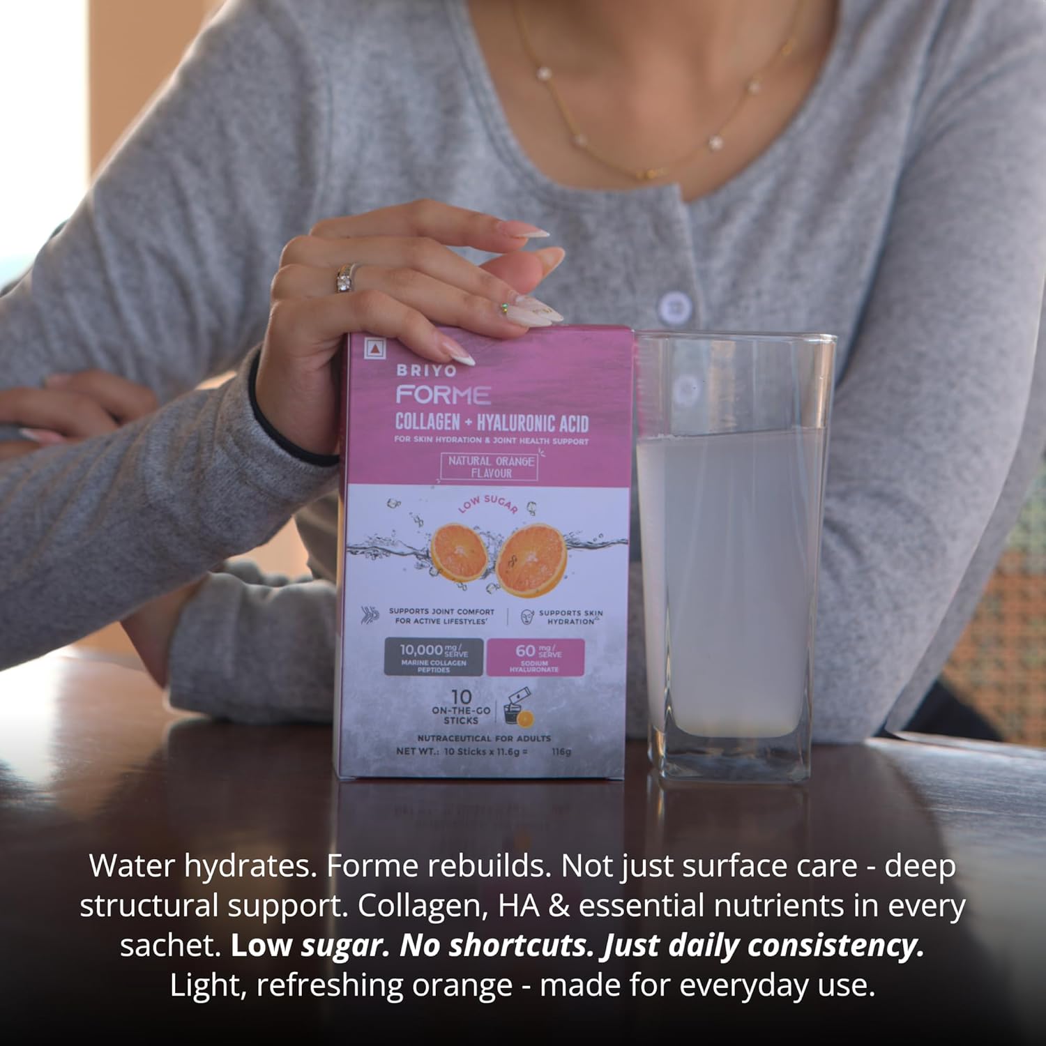 Briyo Forme Collagen + Hyaluronic Acid | 10g Hydrolyzed Marine Collagen with 60mg Hyaluronic Acid | Orange Flavored Daily Drink Mix for Skin Hydration, Joint Support, Anti-Aging & Bone Strength