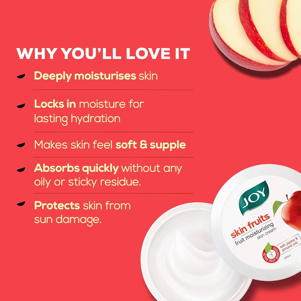 Joy Skin Fruits Moisturizer for Dry Skin (500ml), Cold Cream for Winters, With Apple, Jojoba & Almond Oil | Quick Absorbing & Non Sticky Moisturizer for Face, Hands & Body | For Healthy, Soft & Glowing Skin