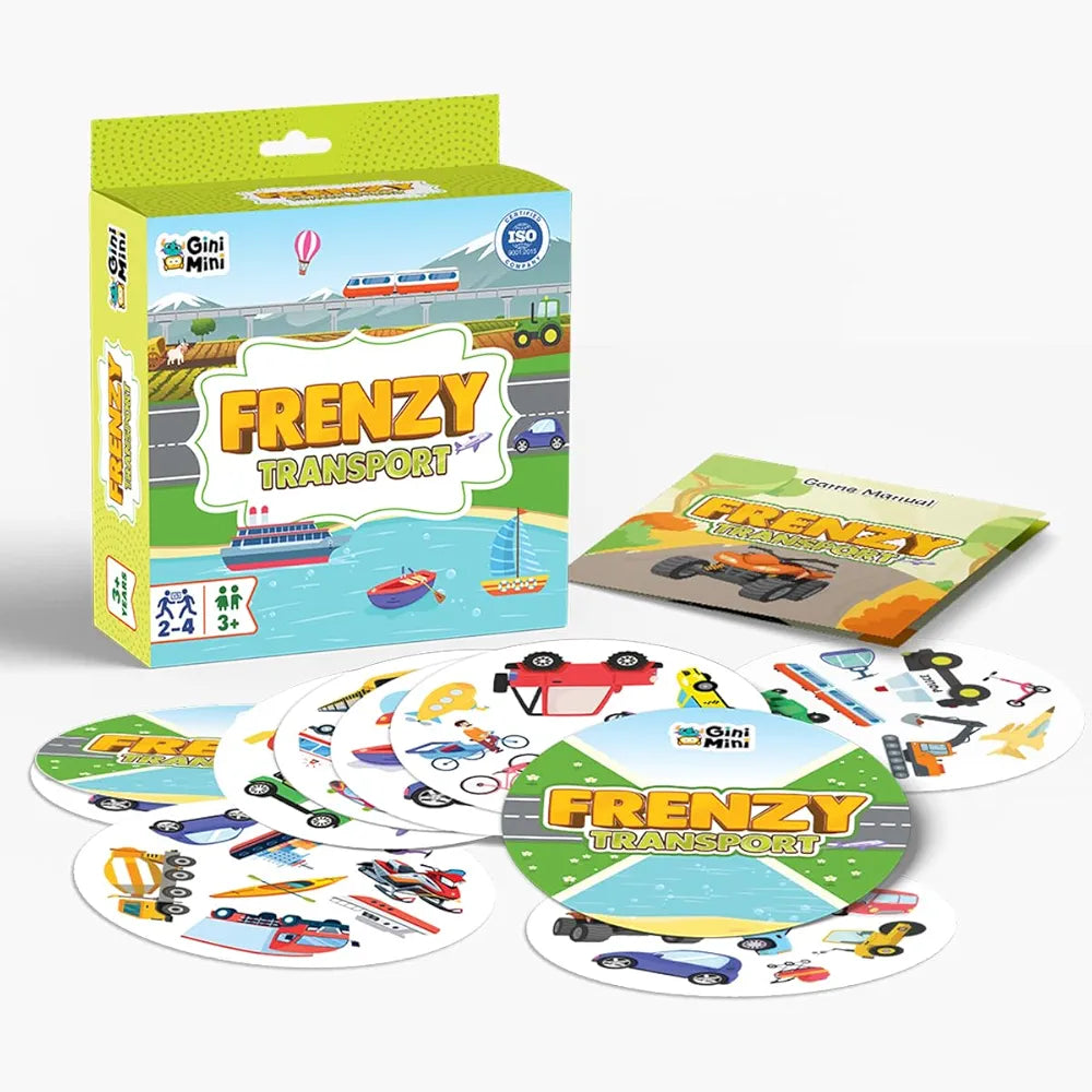 GiniMiniTransport Frenzy – 57 Transport Themed Educational Cards for Kids 3+ Vocabulary & Matching Skill Builder Fast Observation Game for Toddlers Family & Travel-Friendly Learning Toy